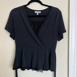 Monteau Black Peplum Vintage Style Wrap Top Size L